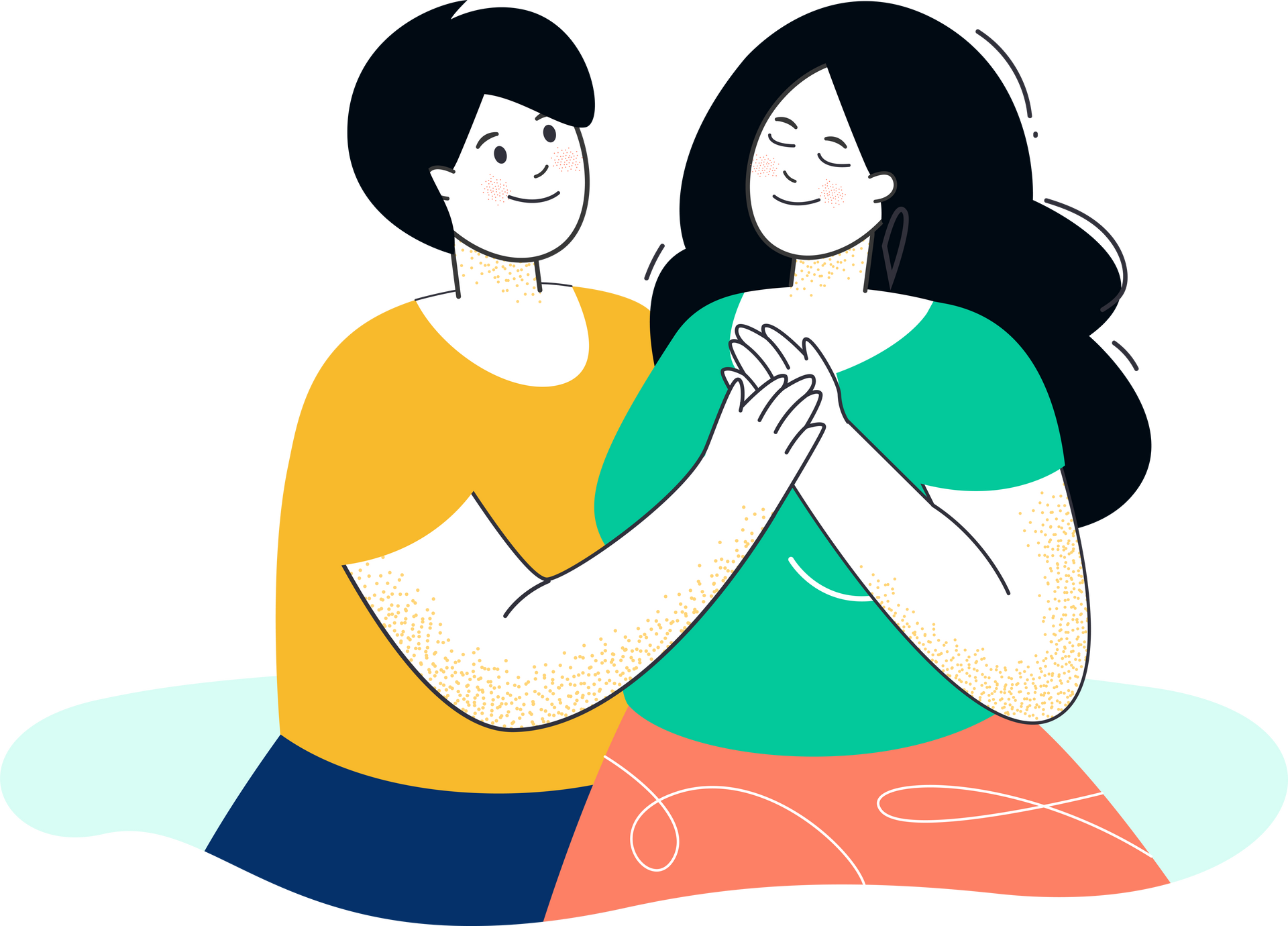 A man and a woman are sitting next to each other holding hands.