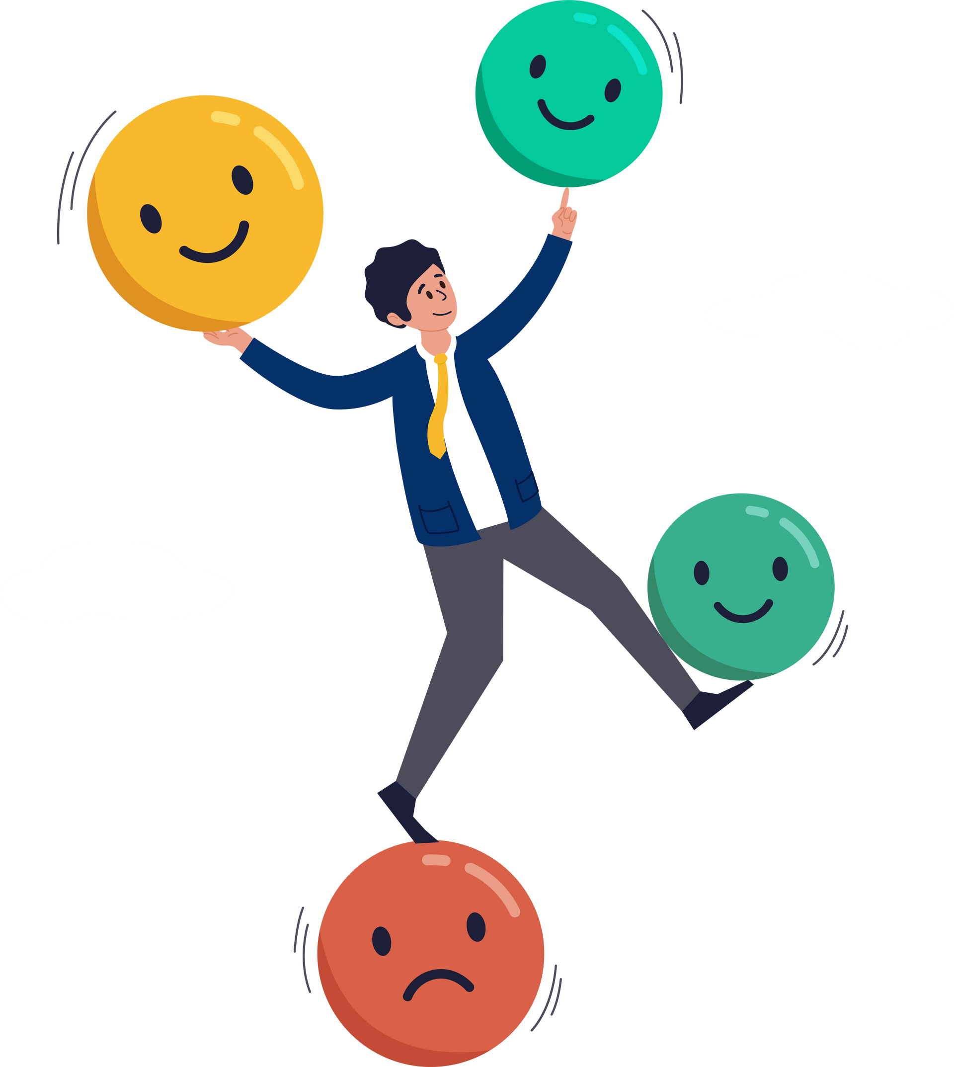 A man is holding three balloons with smiley faces on them.