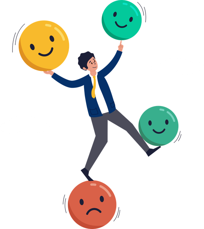 A man is holding three balloons with smiley faces on them.