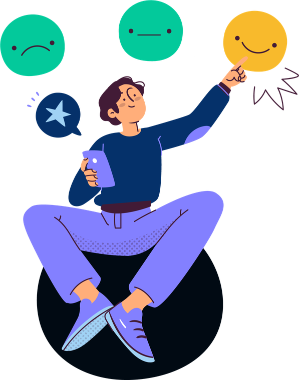 A man is sitting on a ball holding a smiley face.