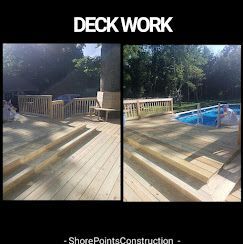A before and after photo of a wooden deck next to a pool.