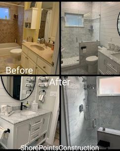 A before and after photo of a bathroom remodel.