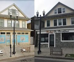 A before and after photo of a house and a restaurant.