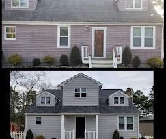 A before and after picture of a house with a new roof.
