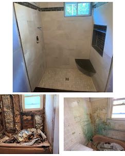 A collage of three pictures of a bathroom before and after being remodeled.