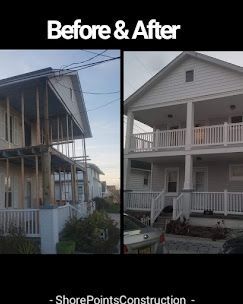 A before and after picture of a house with a porch.