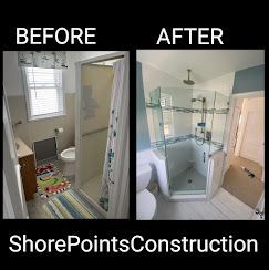 A before and after photo of a bathroom with a walk in shower.