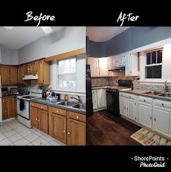 A before and after photo of a kitchen with wooden cabinets and white cabinets.