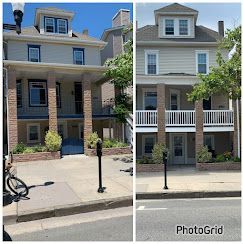 A before and after photo of a house that has been painted.
