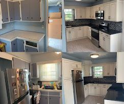 A collage of pictures of a kitchen before and after being painted.