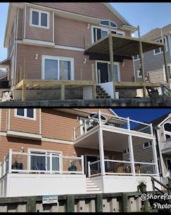 A before and after photo of a house with a deck.