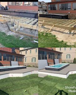 A collage of four pictures of a deck being built.