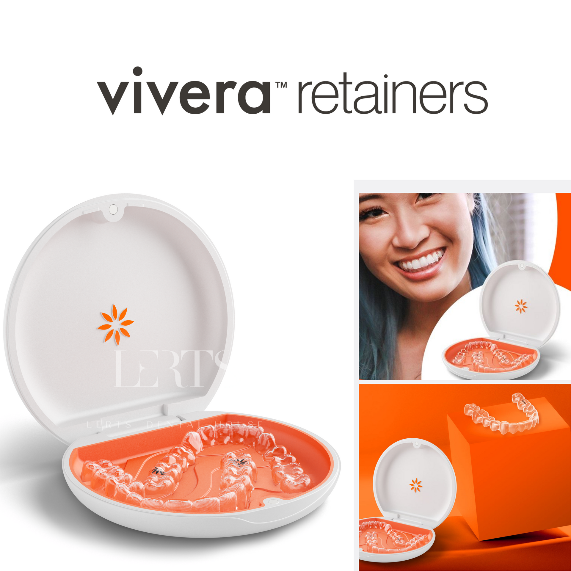 Vivera retainers in an orange and white case; woman smiling with clear retainers, orange background.