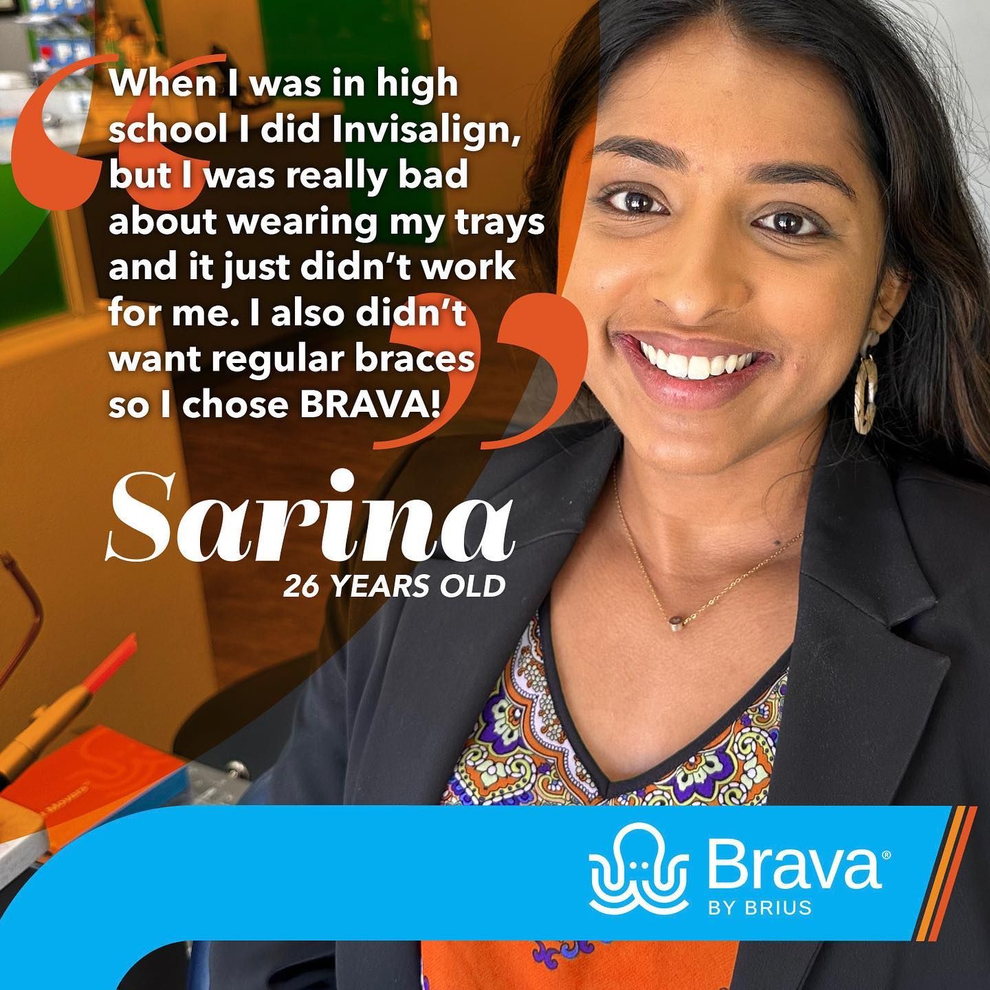 Smiling woman, Sarina, 26, shares Invisalign experience. She chose Brava braces, as an alternative to regular braces.