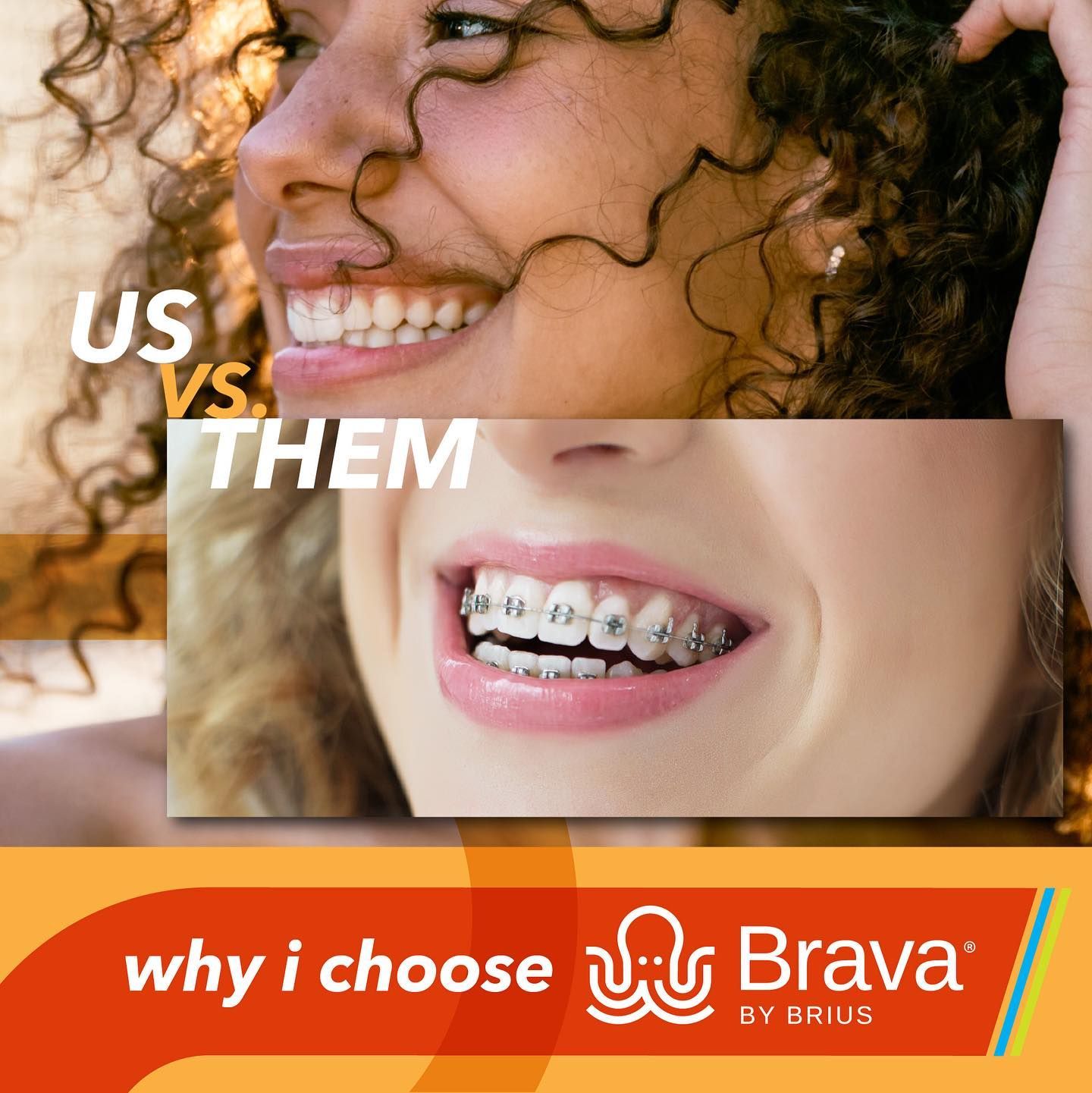 Smiling woman with straight teeth next to a woman with braces. 