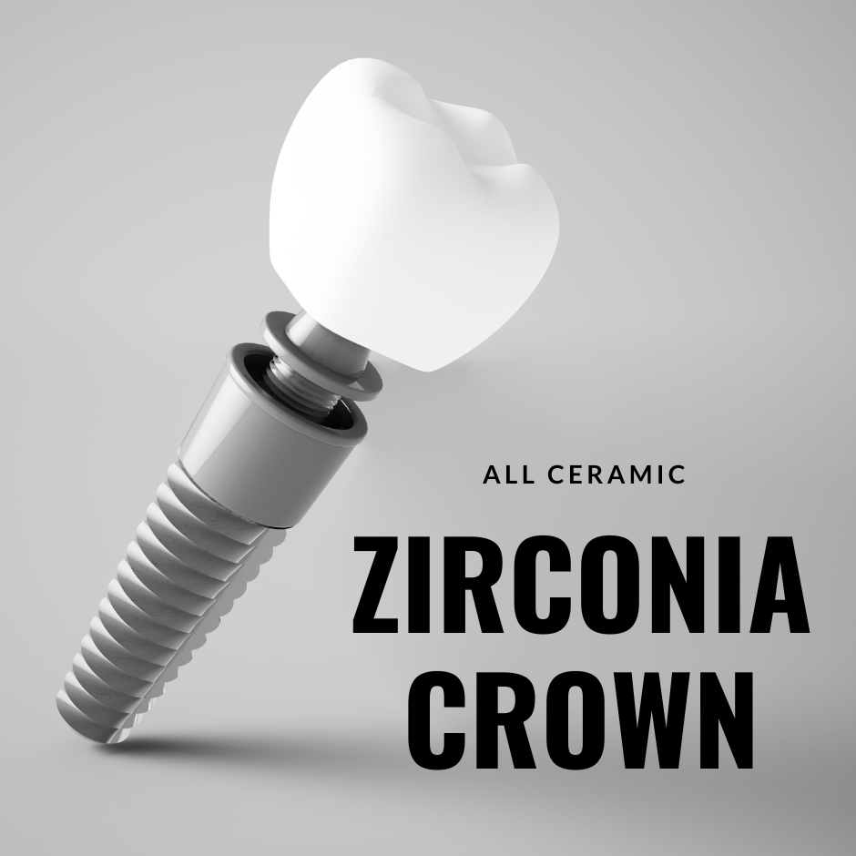 A Zirconia crown implant, all ceramic, depicted on a gray background.