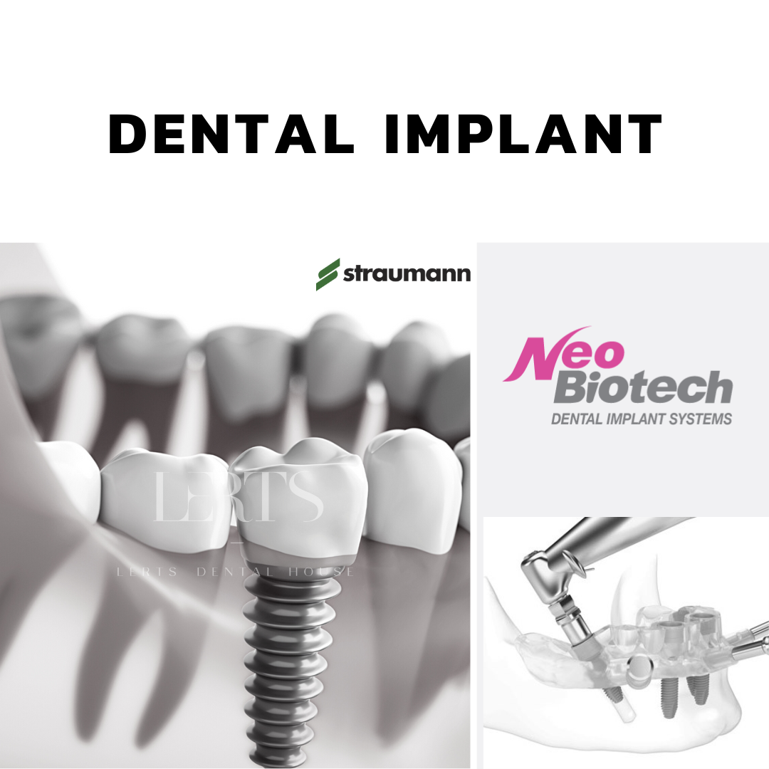 Dental implant illustration: tooth model, implant, Straumann and Neo Biotech logos, and dental tool in use.