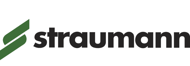 A straumann logo with a green arrow on a white background.