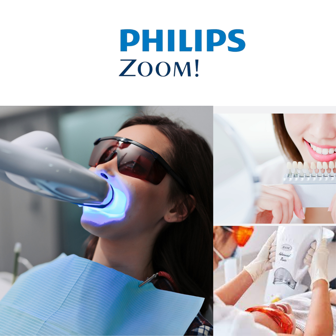 Philips Zoom! teeth whitening procedure. A woman with protective eyewear undergoing light treatment, showing teeth shade guide.