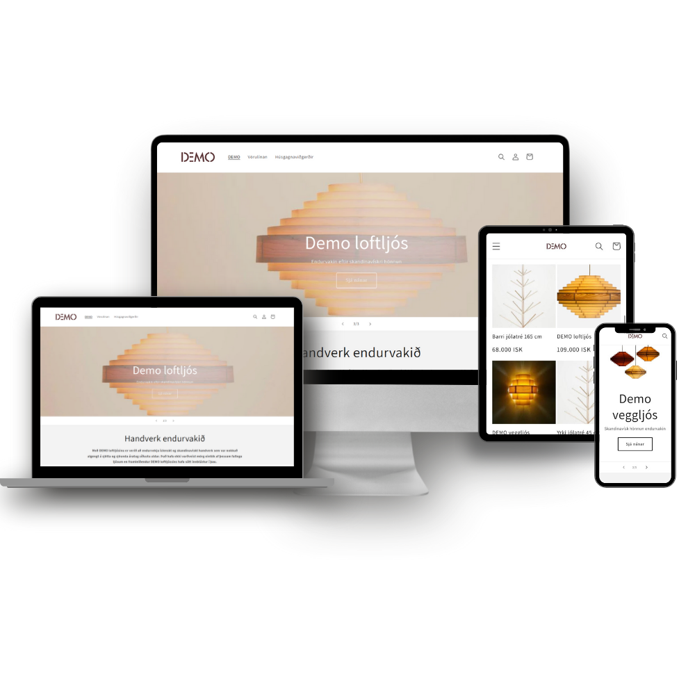 Tölva, fartölva, spjaldtölva og farsími sem birtir vefsíðu.