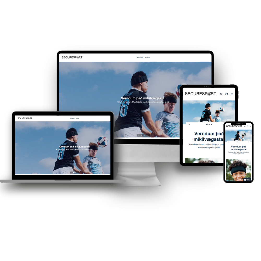 Vefsíða birtist á fartölvu, spjaldtölvu og síma.