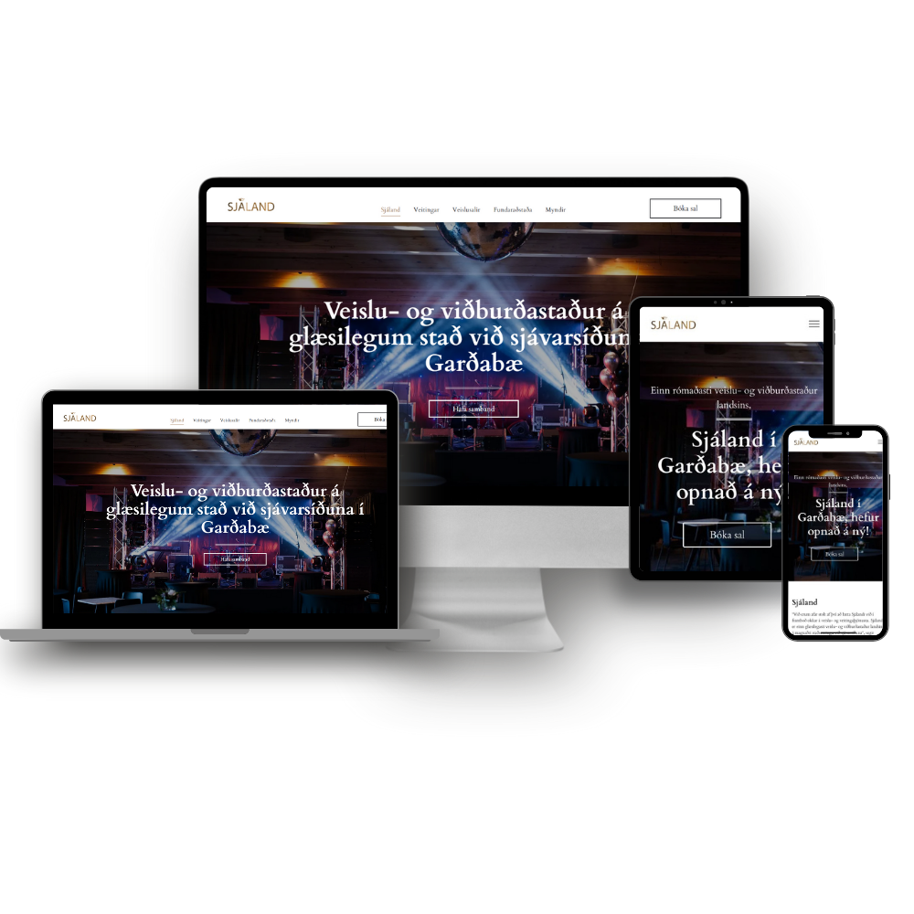 Tölva, fartölva, spjaldtölva og farsími sem birtir vefsíðu.