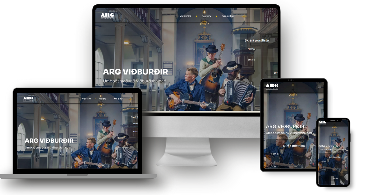 Tölva, fartölva, spjaldtölva og sími sem birtir vefsíðu.