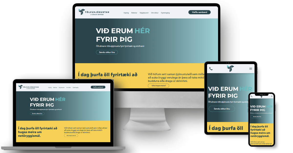 Tölvuskjár, spjaldtölva og farsími með vefsíðu á sér