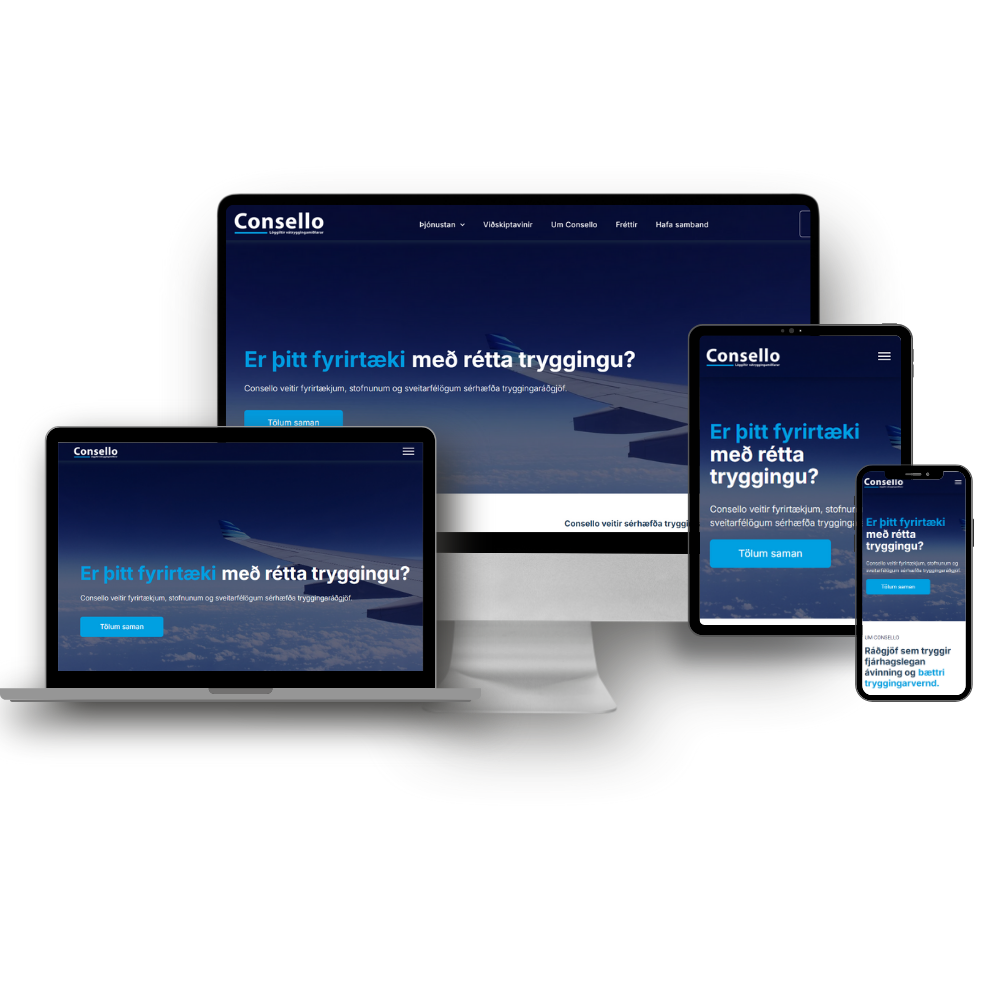 Tölvuskjár spjaldtölva sími og fartölva með vefsíðu