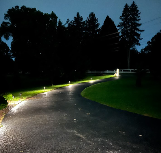 Dark driveway curves through a well-lit green lawn, illuminated by small ground lights. Dark trees are in the background.