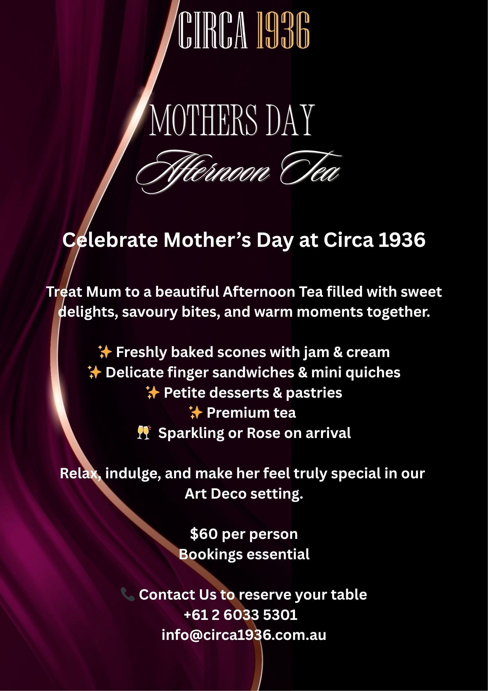 Mother’s Day promo flyer on dark background with pink flowers and gift details for Circa 1936 event