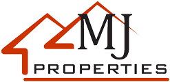MJ Properties Logo with black letters in a red outlined house