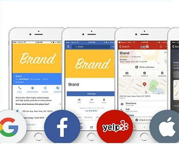 Example of Yext service integration showing business listings being updated simultaneously across Google, Facebook, Yelp, and Apple apps
