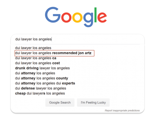 Search Box Optimization feature showing a client business automatically appearing as a search option when 'home care' is searched on Google
