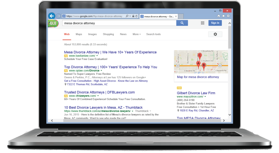 Google search results showing autocomplete feature with client business appearing as a suggestion when specific keywords are searched