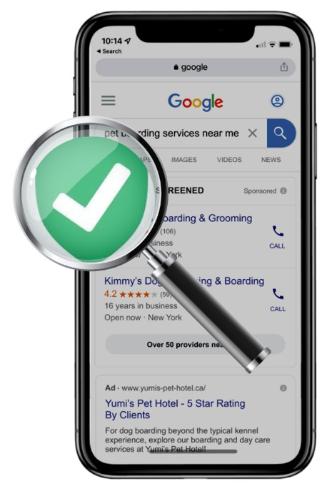 Search engine marketing feature showing verified business listing with a green checkmark icon on a smartphone screen