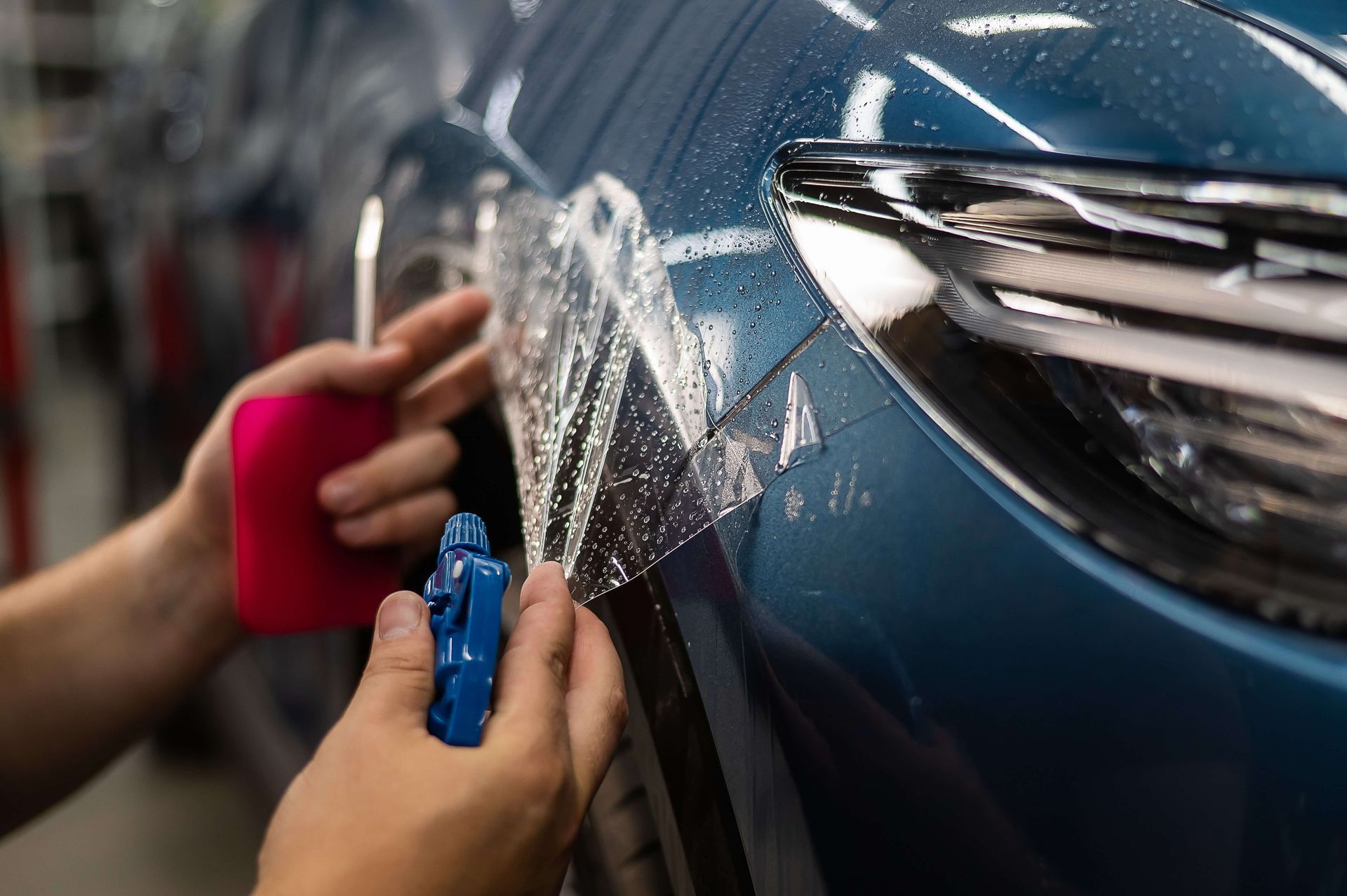 Blue Coupe Headlight Ppf Installation