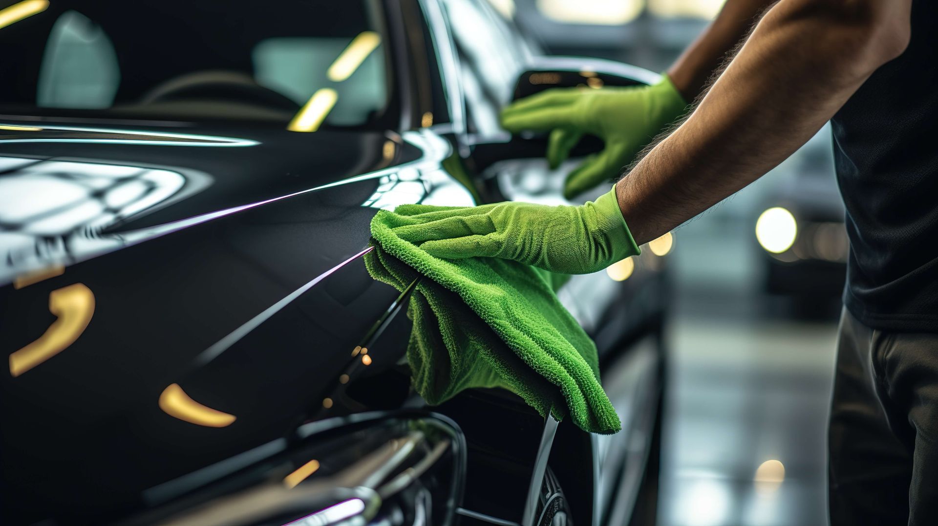 Detailing Black Car Quarter Panel With Green Microfiber