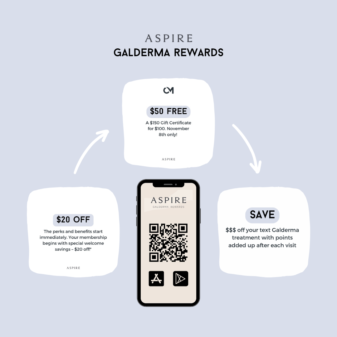 A phone with a qr code on it that says aspire galderma rewards