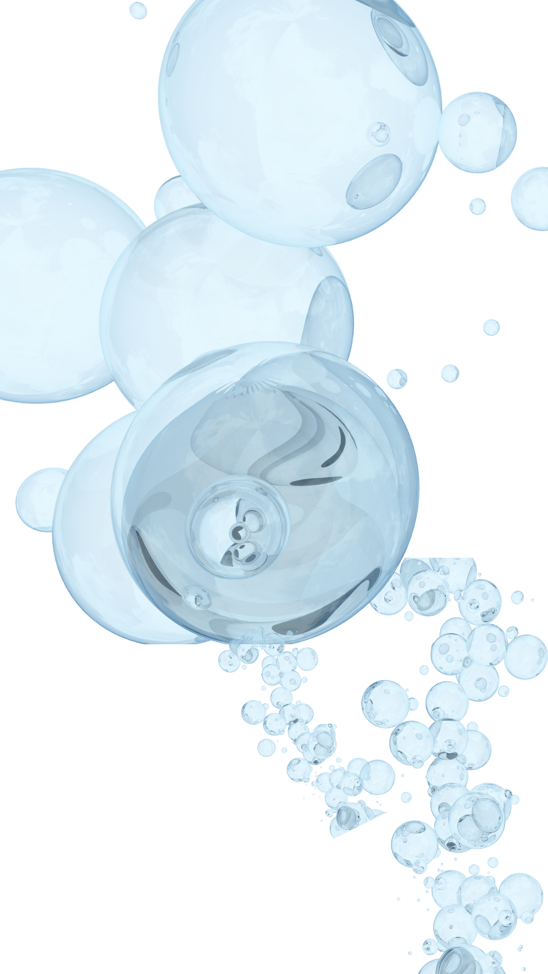 A bunch of bubbles are floating in the water on a white background.