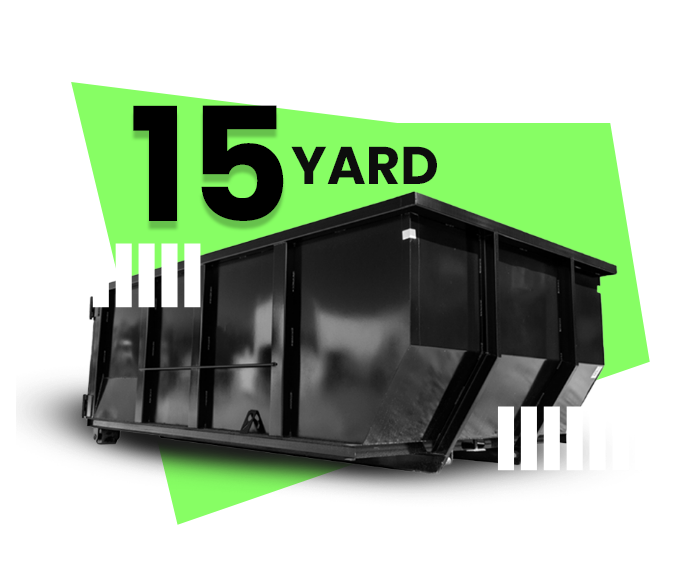 A 15 yard dumpster is sitting on a green background.
