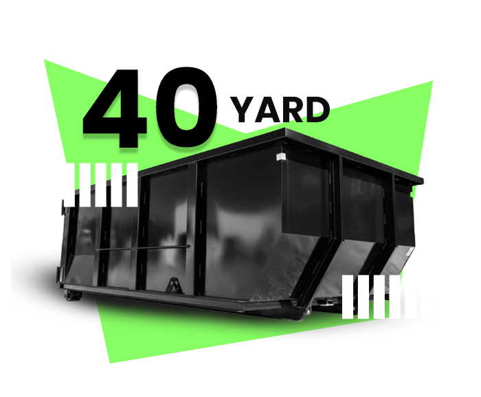 A black dumpster is sitting on top of a green triangle.