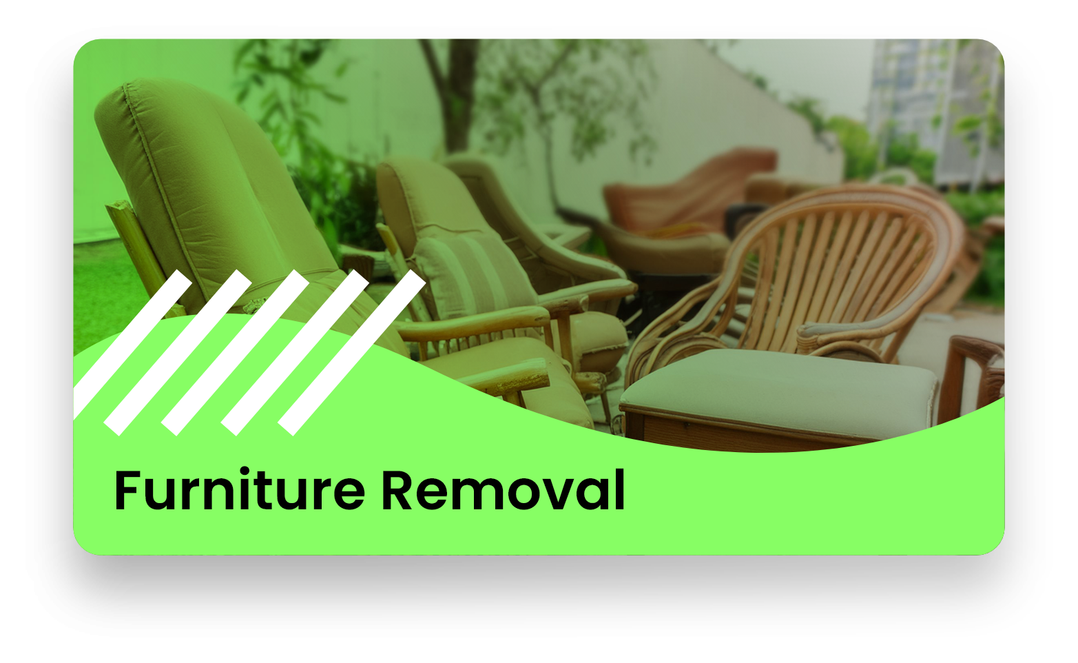 A card for furniture removal with a picture of chairs and a couch.