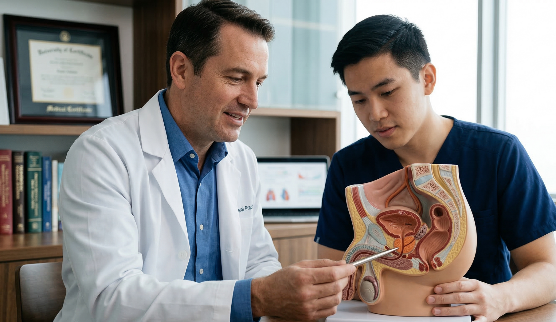 A doctor in a white coat explains a human prostate model to a student in an office setting.