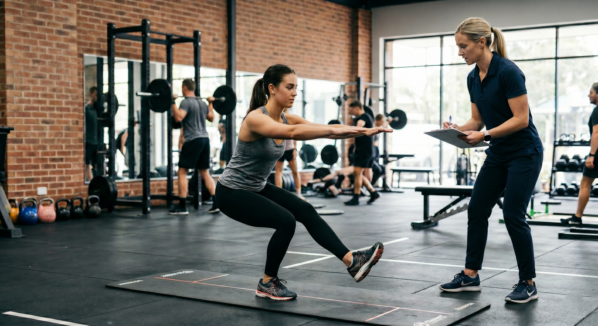 Woman doing a pistol squat with a trainer.