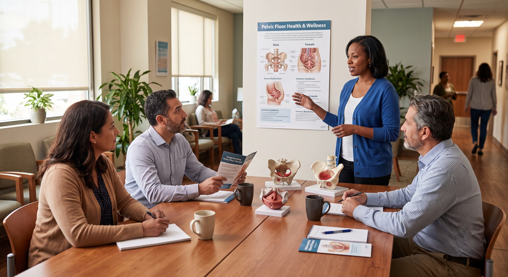 Presenter giving a presentation to three seated coworkers in a bright office meeting room