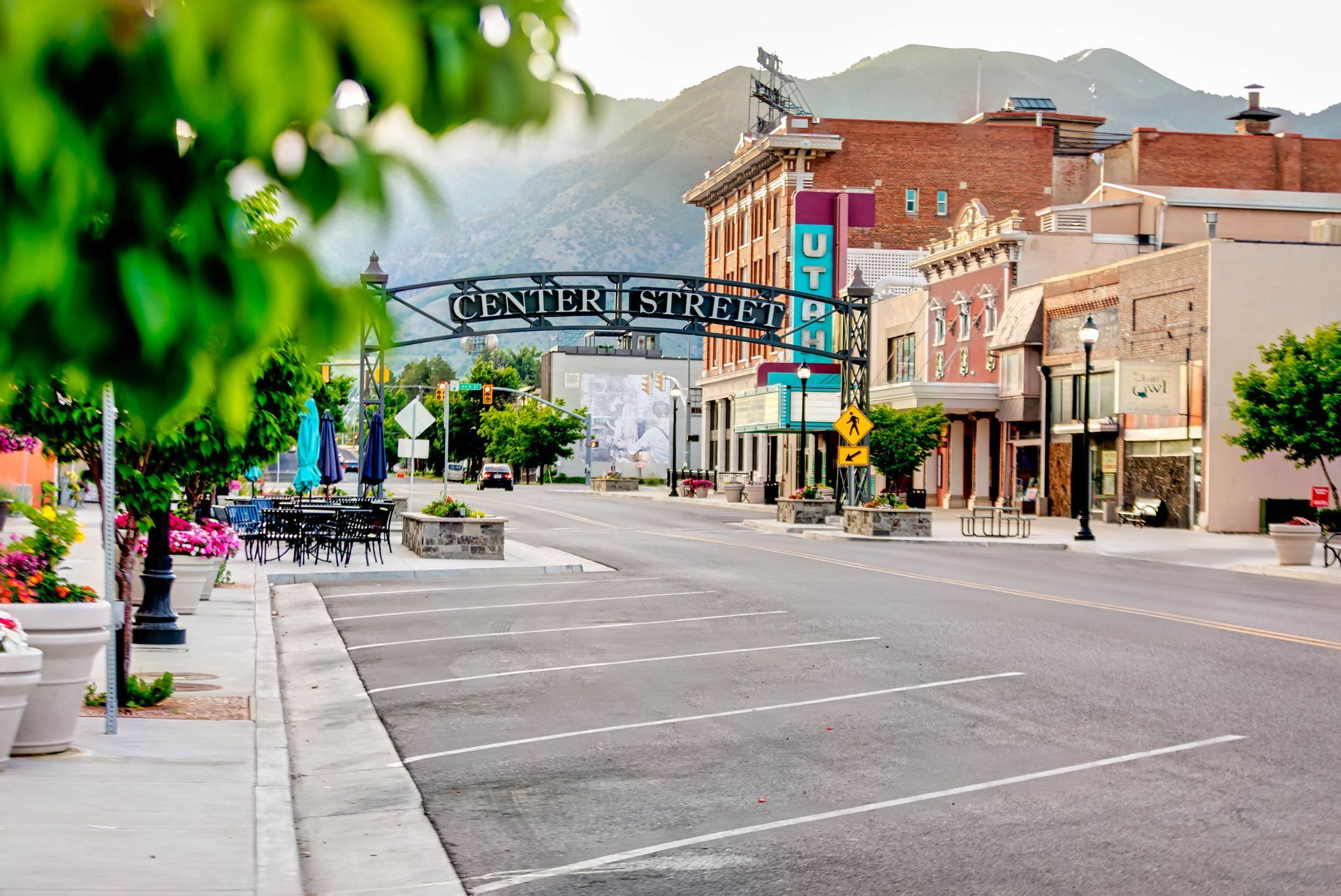 Center Street in Logan, Utah in the early morning so there are no cars or people.