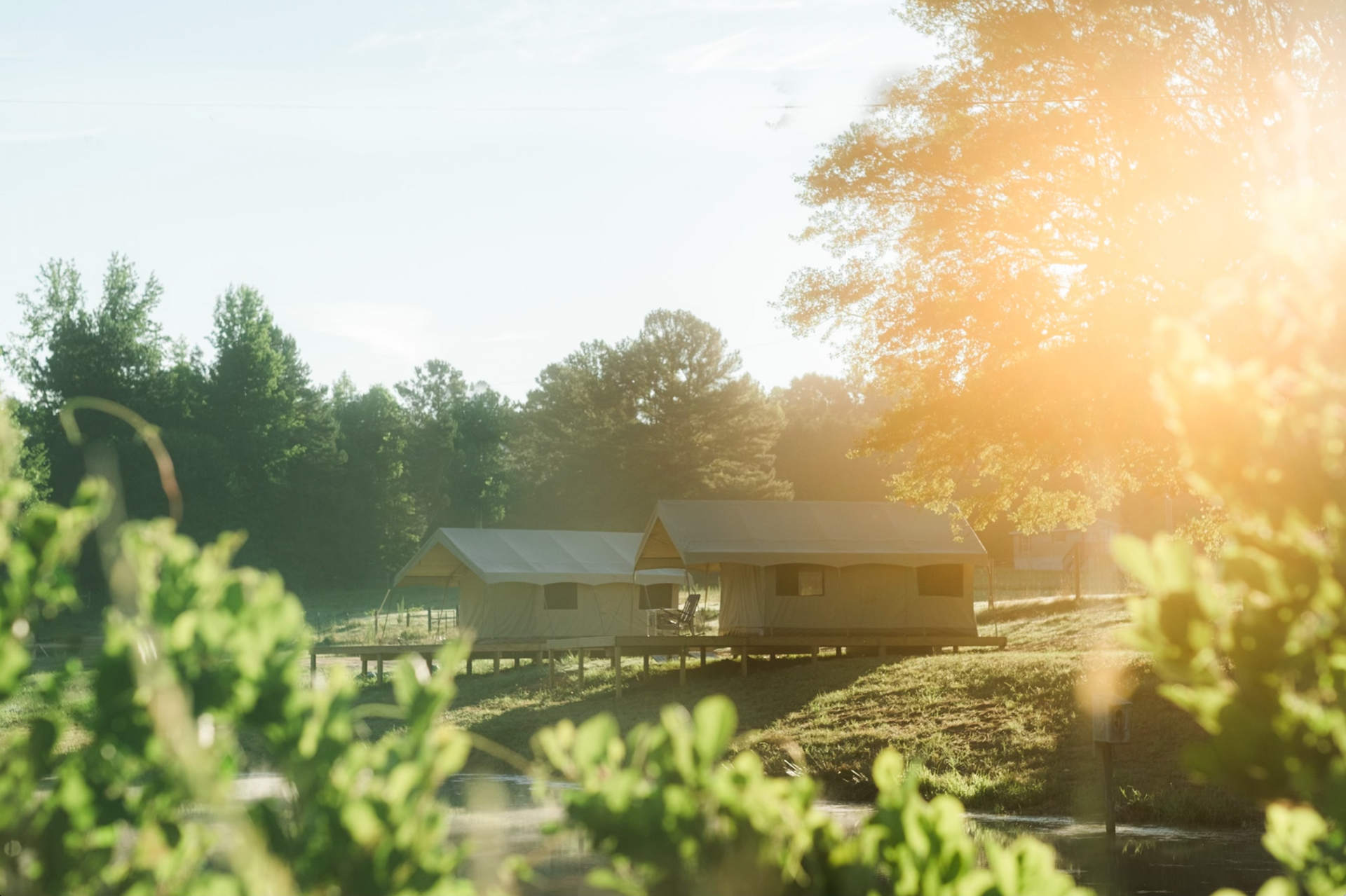A small house is sitting in the middle of a field surrounded by trees.