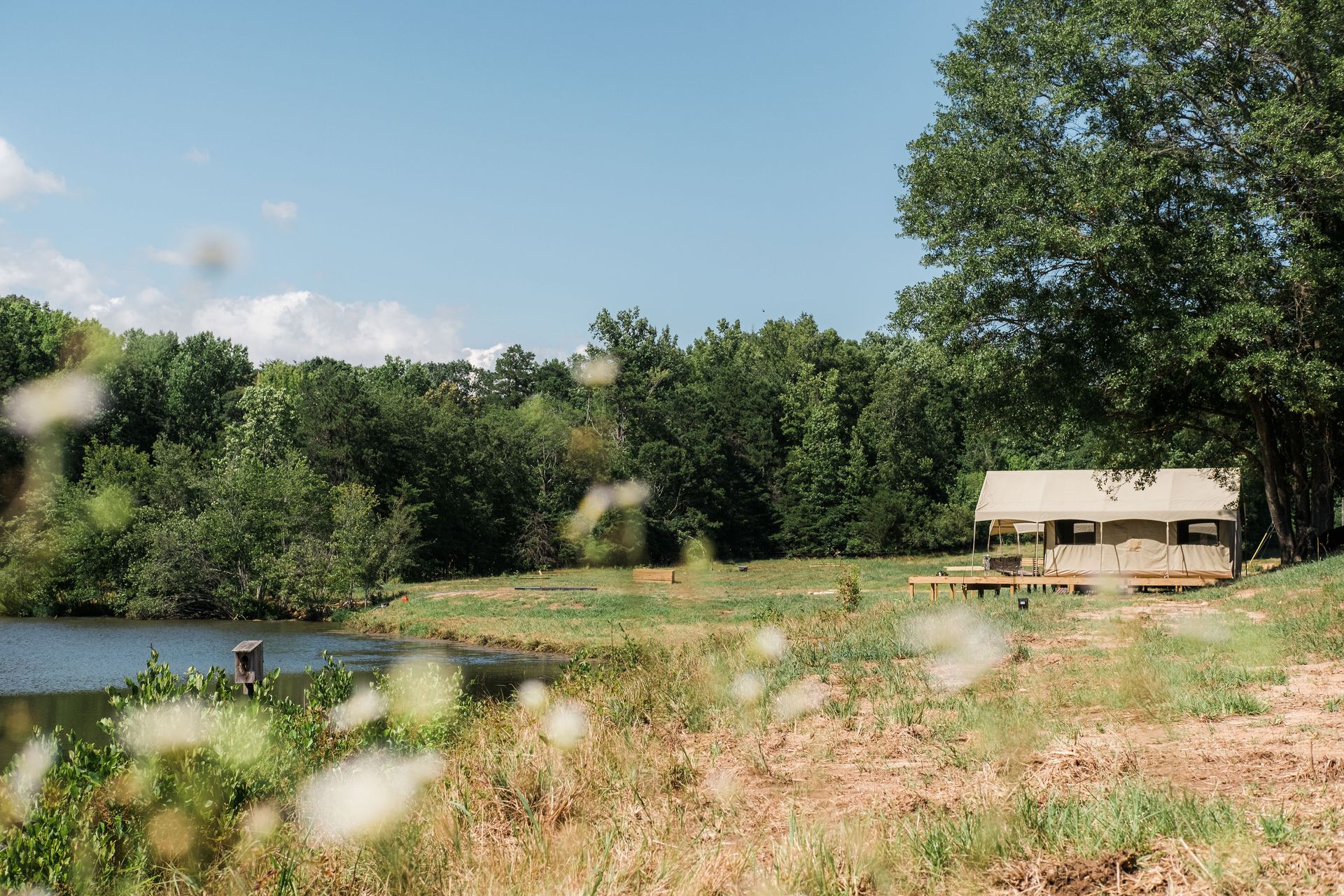 A small house is sitting in the middle of a field next to a lake.