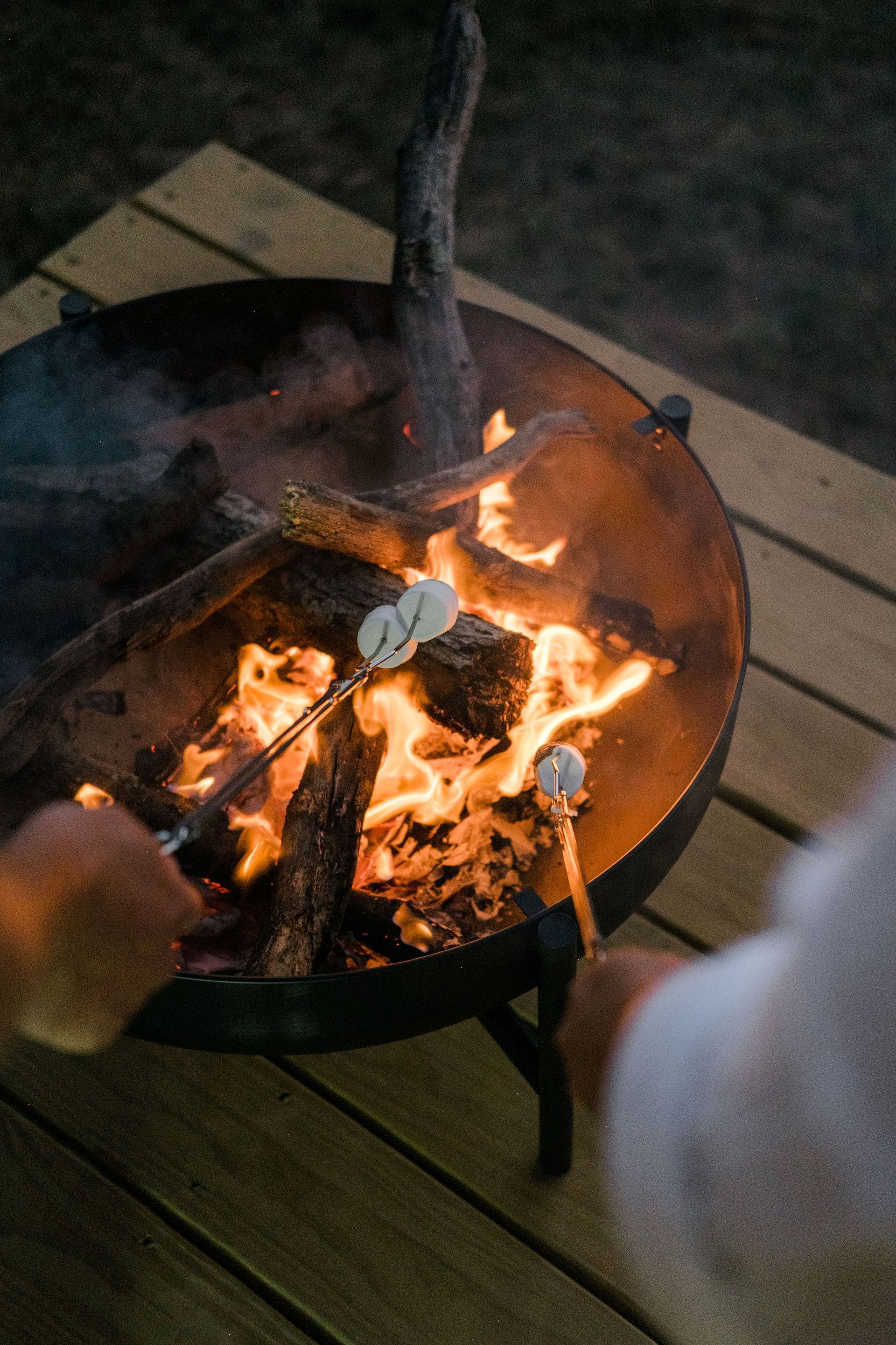 A person is roasting marshmallows over a fire pit.
